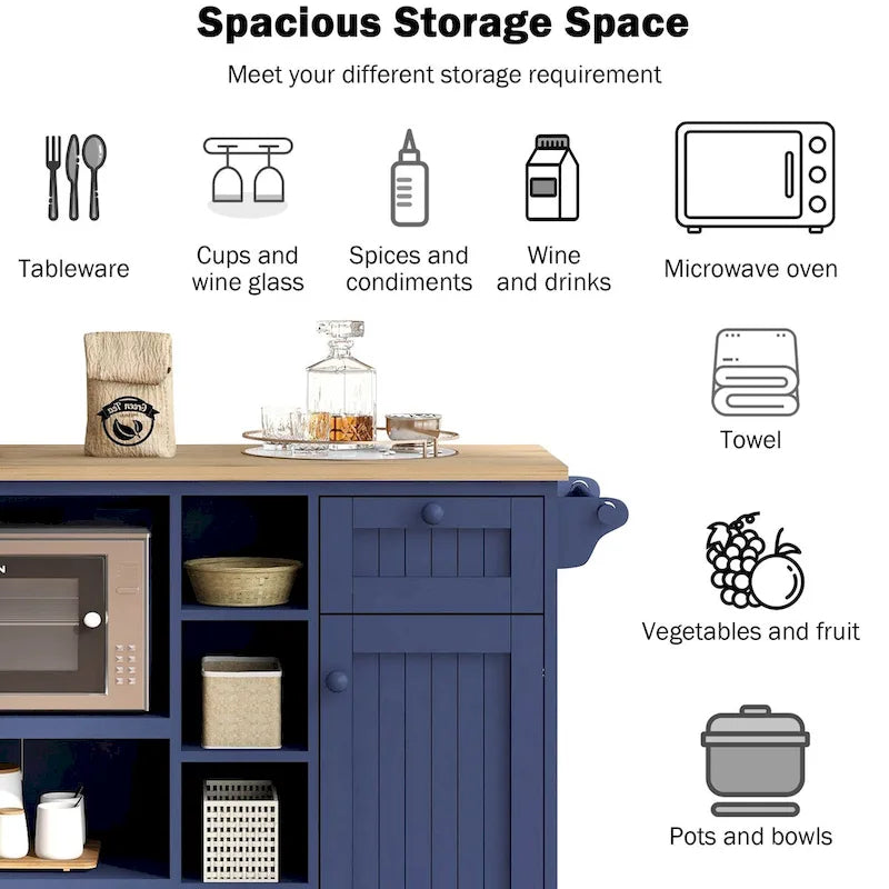 Meuble de cuisine roulant avec support pour micro-ondes, tiroirs et étagères ouvertes