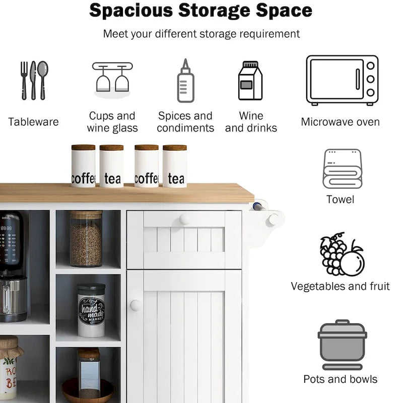 Meuble de cuisine roulant avec support pour micro-ondes, tiroirs et étagères ouvertes