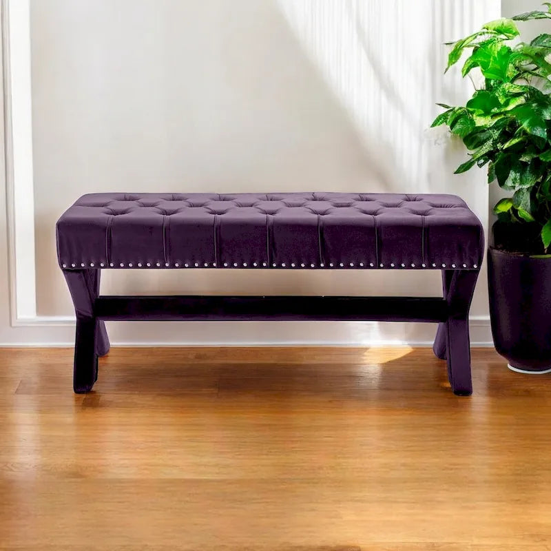 Banc rembourré en velours prune de 45 pouces