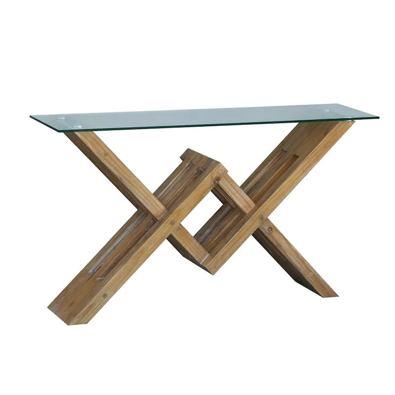 Console à plateau en verre et piètement en bois – 58x16x34