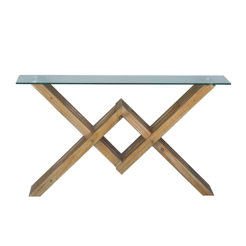 Console à plateau en verre et piètement en bois – 58x16x34