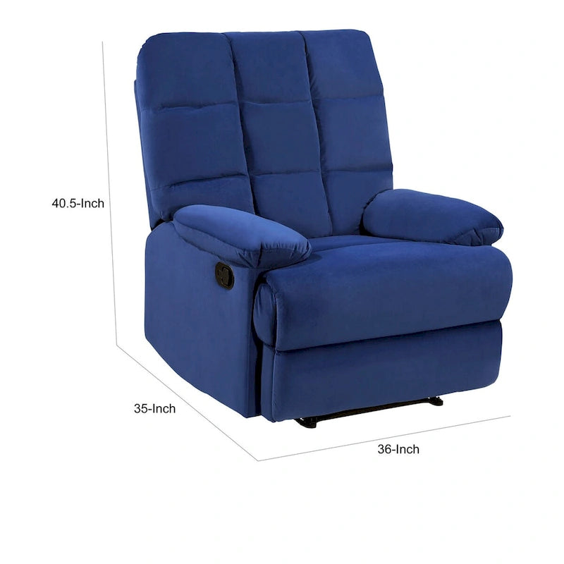 Fauteuil inclinable manuel de 36 pouces, rembourrage en velours bleu, cadre en bois massif