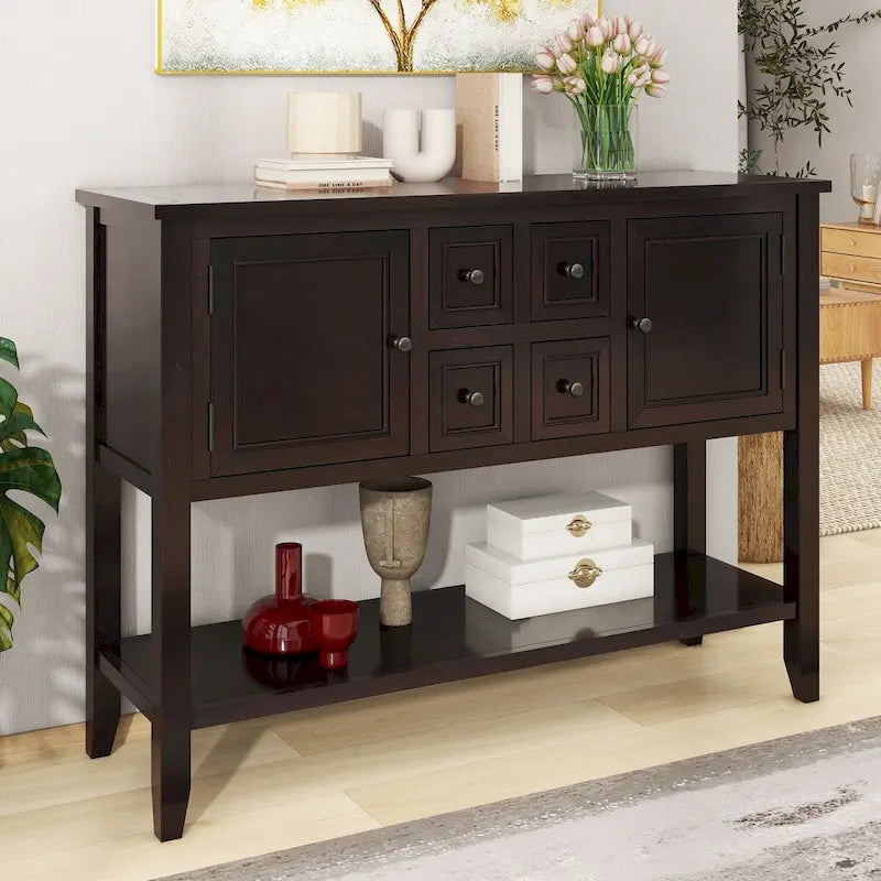 Console avec 4 tiroirs, 2 armoires et une étagère inférieure