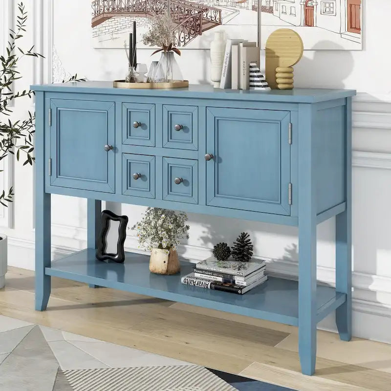Console avec 4 tiroirs, 2 armoires et une étagère inférieure