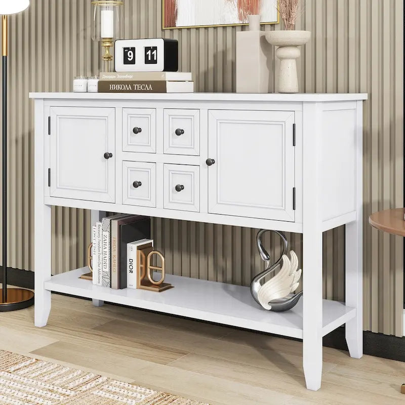 Console avec 4 tiroirs, 2 armoires et une étagère inférieure