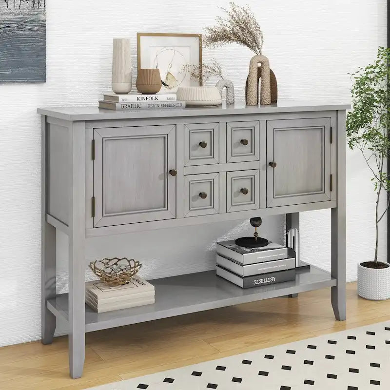 Console avec 4 tiroirs, 2 armoires et une étagère inférieure