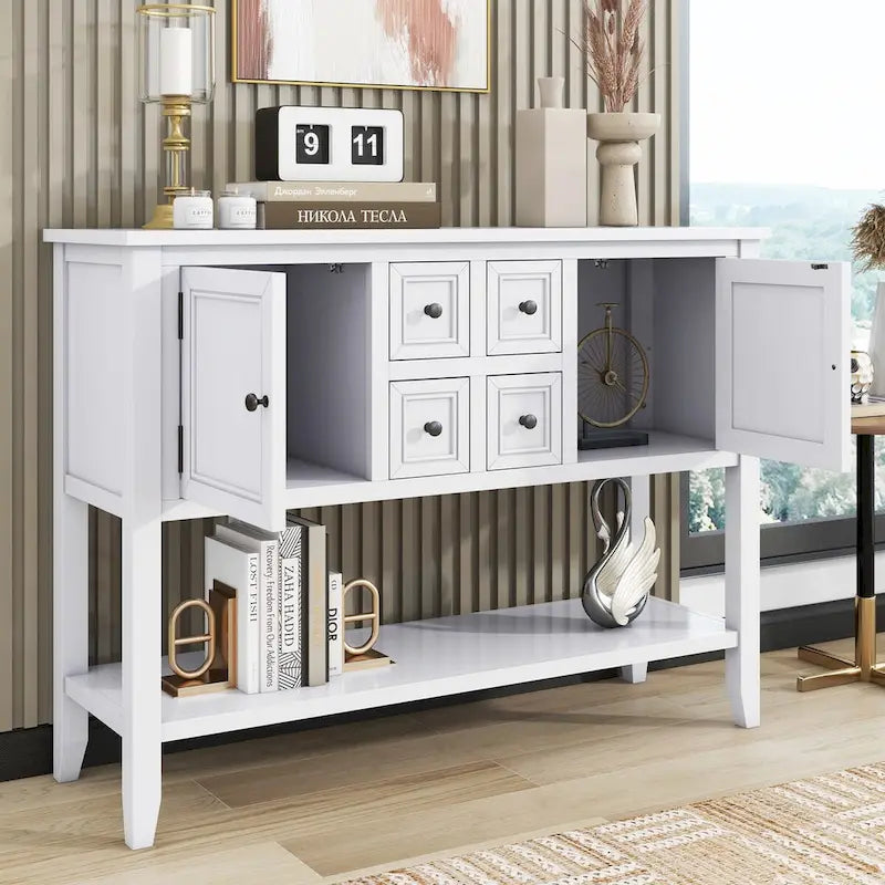 Console avec 4 tiroirs, 2 armoires et une étagère inférieure
