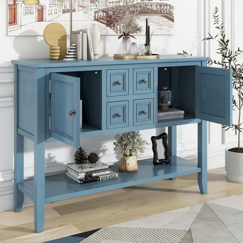 Console avec 4 tiroirs, 2 armoires et une étagère inférieure