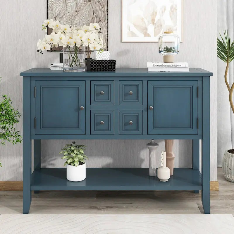 Console avec 4 tiroirs, 2 armoires et une étagère inférieure