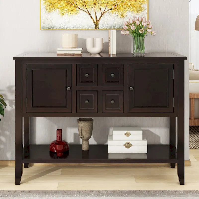 Console avec 4 tiroirs, 2 armoires et une étagère inférieure