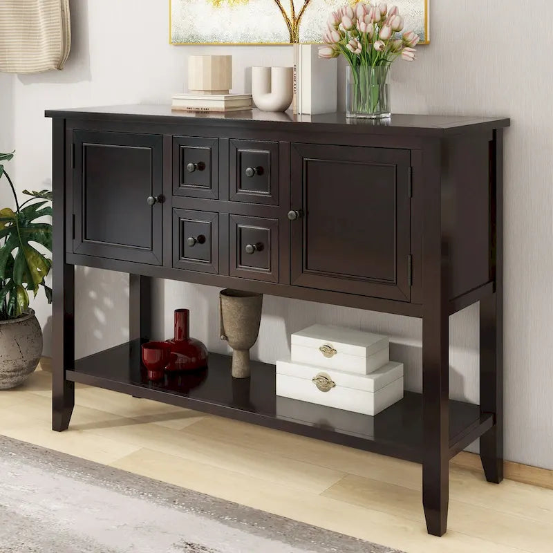 Console avec 4 tiroirs, 2 armoires et une étagère inférieure
