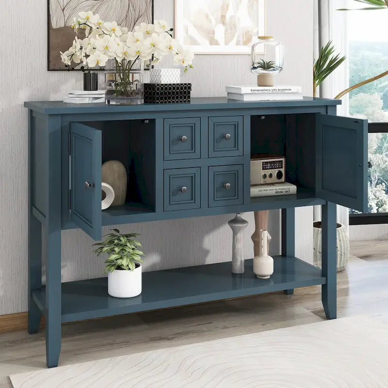 Console avec 4 tiroirs, 2 armoires et une étagère inférieure