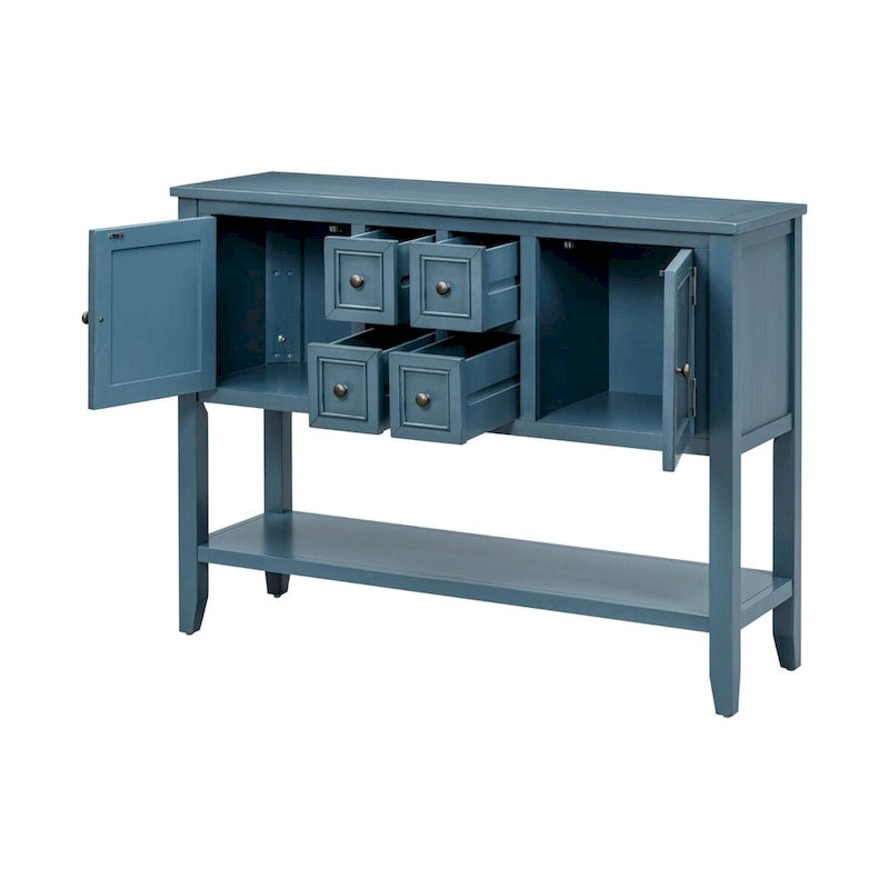 Console avec 4 tiroirs, 2 armoires et une étagère inférieure