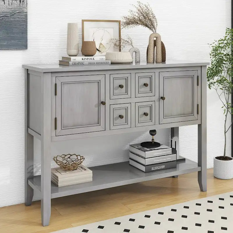 Console avec 4 tiroirs, 2 armoires et une étagère inférieure