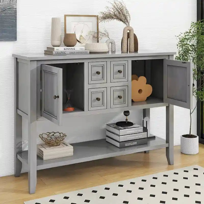 Console avec 4 tiroirs, 2 armoires et une étagère inférieure