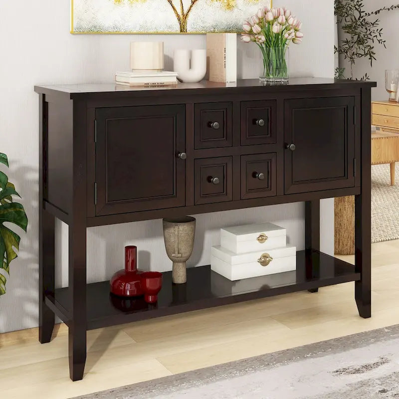 Console avec 4 tiroirs, 2 armoires et une étagère inférieure