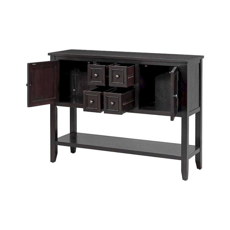 Console avec 4 tiroirs, 2 armoires et une étagère inférieure