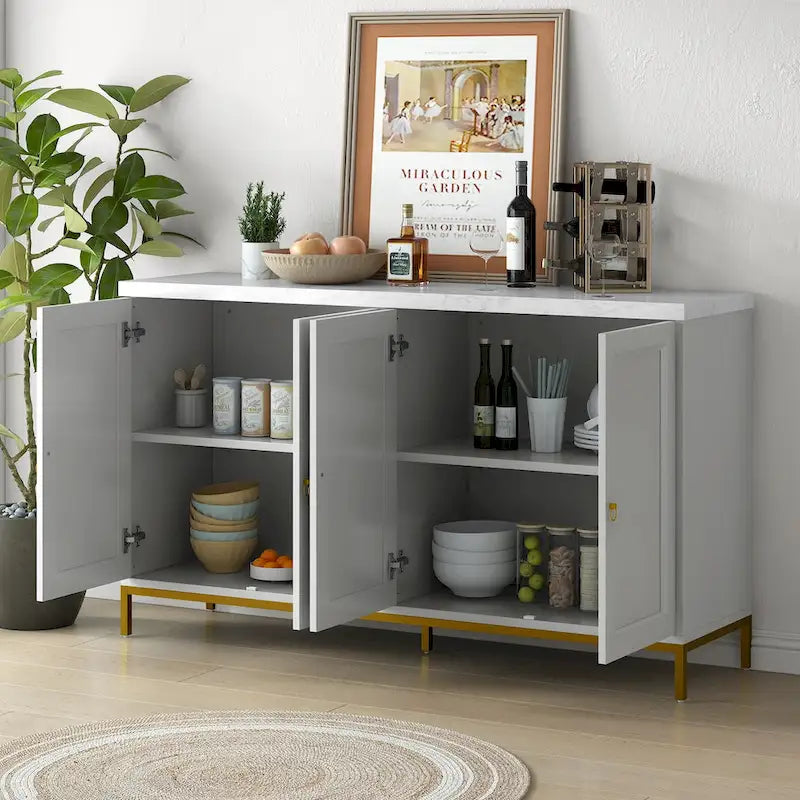 Buffet 4 portes avec étagères réglables, poignées et pieds en métal