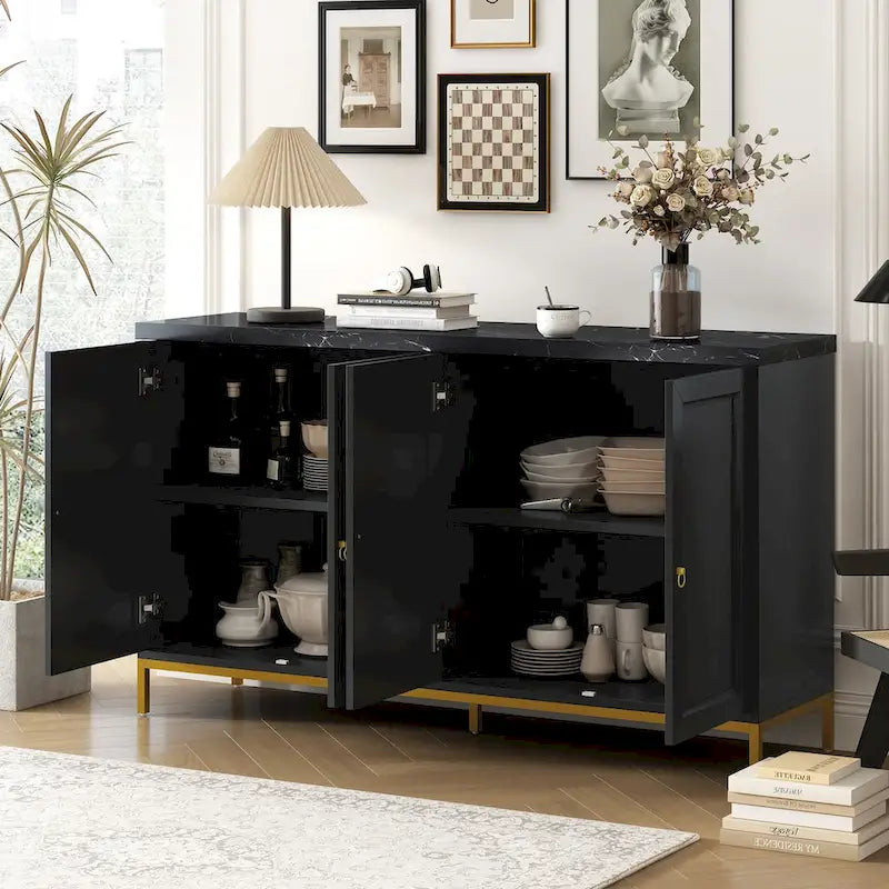 Buffet 4 portes avec étagères réglables, poignées et pieds en métal
