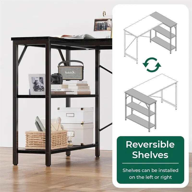 Bureau d'angle en L avec étagères de rangement réversibles à 2 niveaux, 119 cm