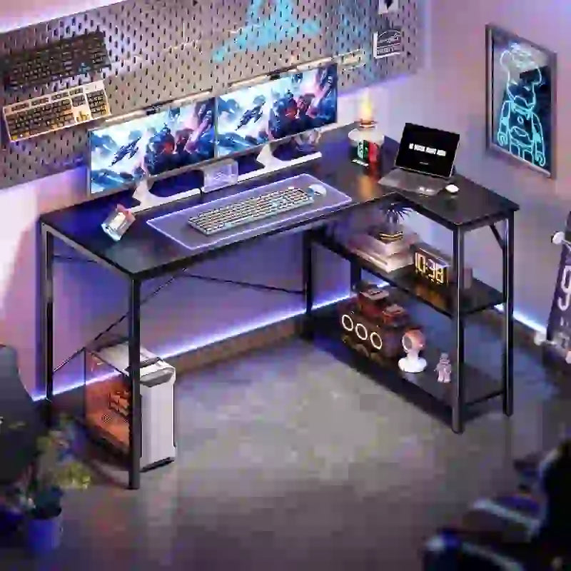 Bureau d'angle en L avec étagères de rangement réversibles à 2 niveaux, 119 cm