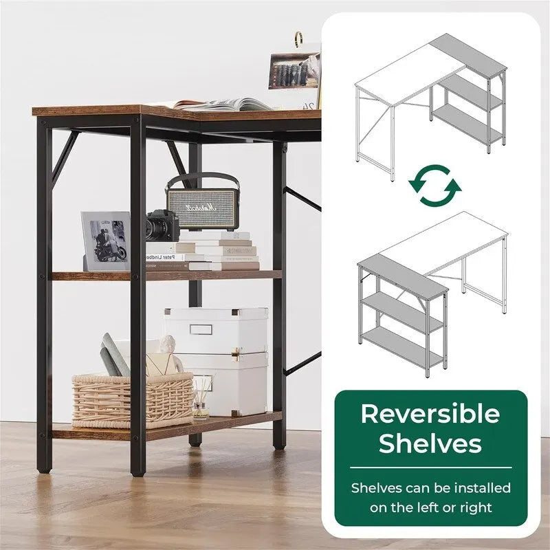 Bureau d'angle en L avec étagères de rangement réversibles à 2 niveaux, 119 cm
