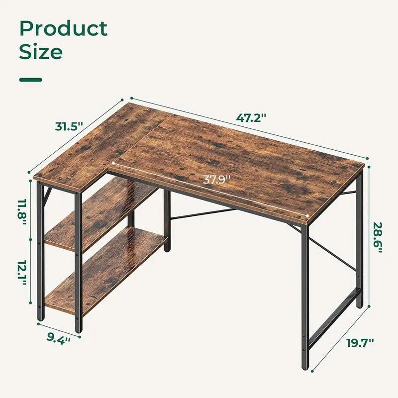 Bureau d'angle en L avec étagères de rangement réversibles à 2 niveaux, 119 cm
