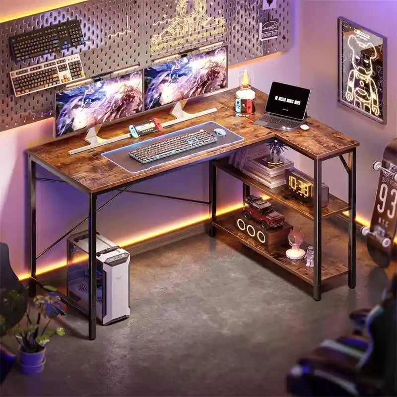 Bureau d'angle en L avec étagères de rangement réversibles à 2 niveaux, 119 cm