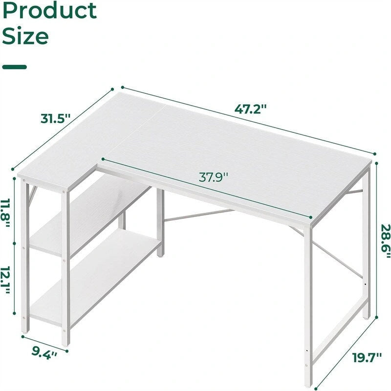 Bureau d'angle en L avec étagères de rangement réversibles à 2 niveaux, 119 cm