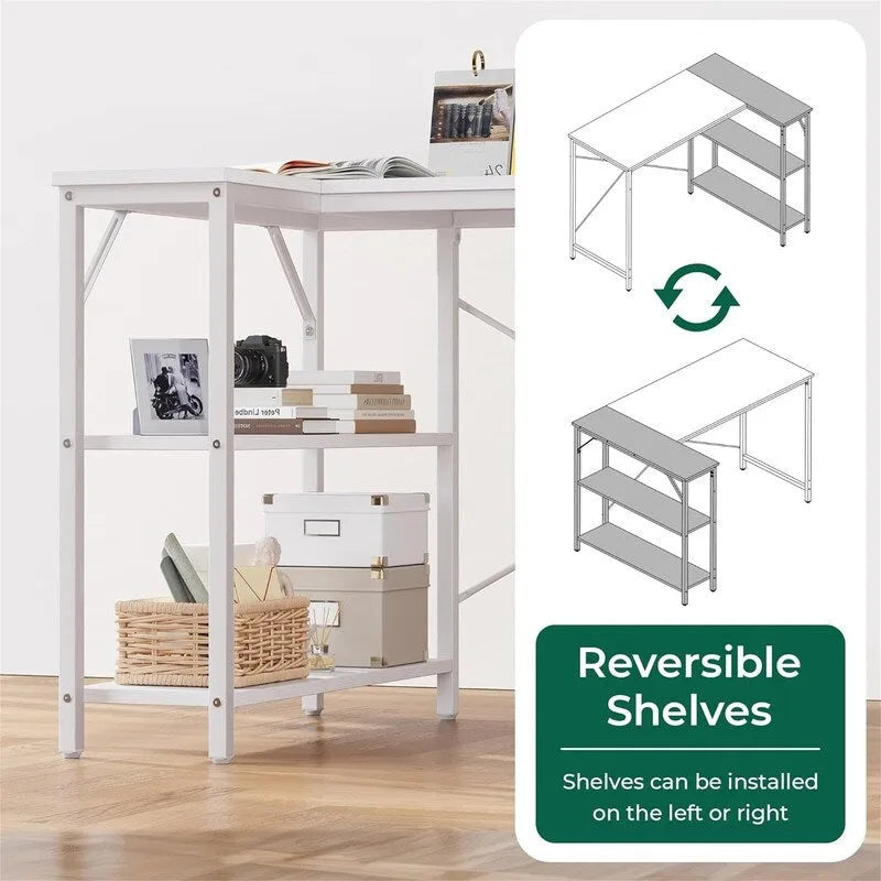 Bureau d'angle en L avec étagères de rangement réversibles à 2 niveaux, 119 cm