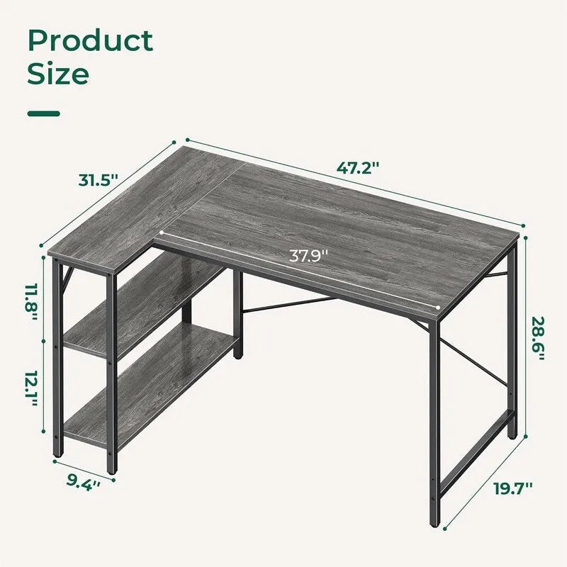 Bureau d'angle en L avec étagères de rangement réversibles à 2 niveaux, 119 cm