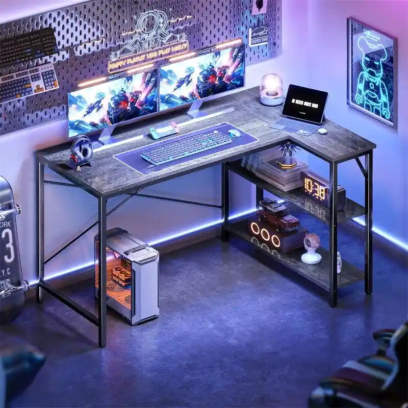 Bureau d'angle en L avec étagères de rangement réversibles à 2 niveaux, 119 cm