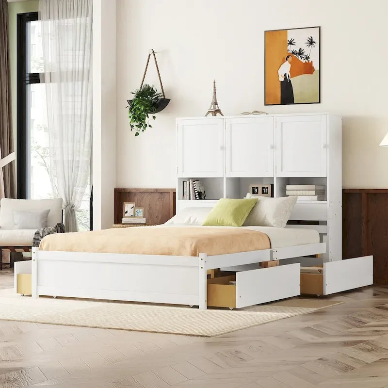 Lit plateforme grand format avec tête de lit de rangement et 4 tiroirs