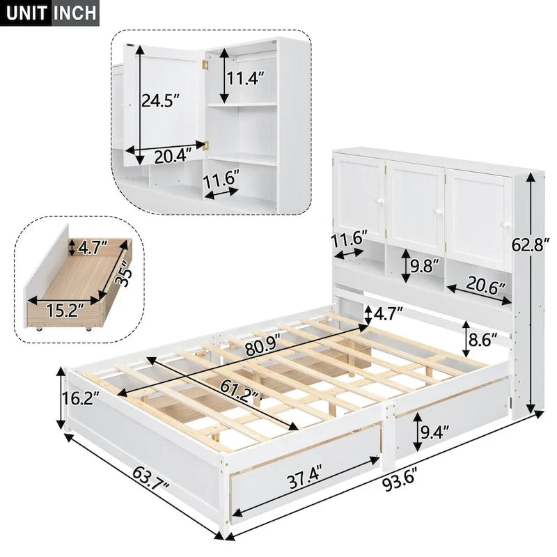 Lit plateforme grand format avec tête de lit de rangement et 4 tiroirs