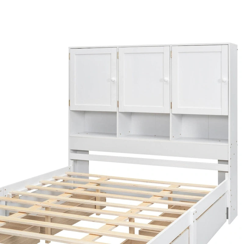 Lit plateforme grand format avec tête de lit de rangement et 4 tiroirs