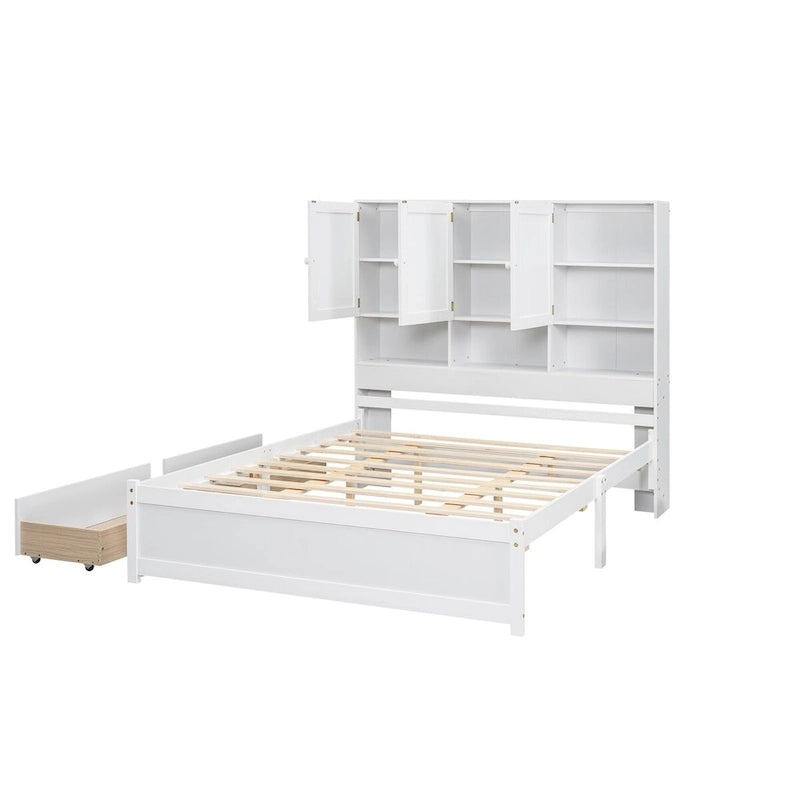 Lit plateforme grand format avec tête de lit de rangement et 4 tiroirs