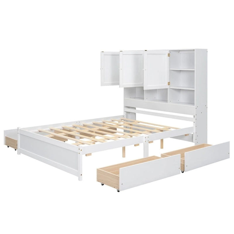 Lit plateforme grand format avec tête de lit de rangement et 4 tiroirs