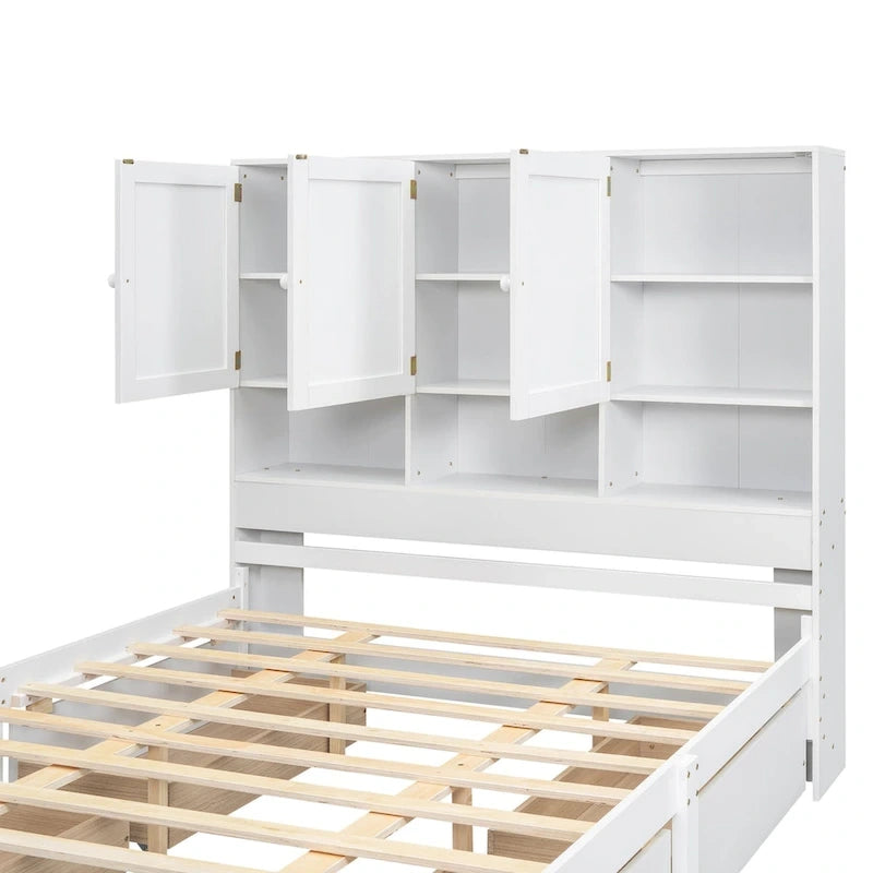 Lit plateforme grand format avec tête de lit de rangement et 4 tiroirs