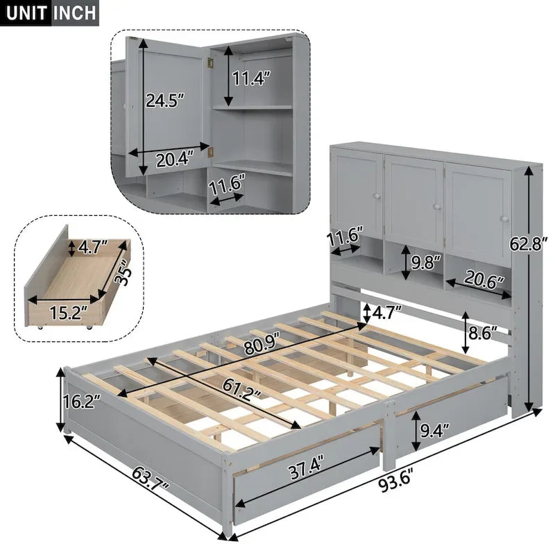 Lit plateforme grand format avec tête de lit de rangement et 4 tiroirs