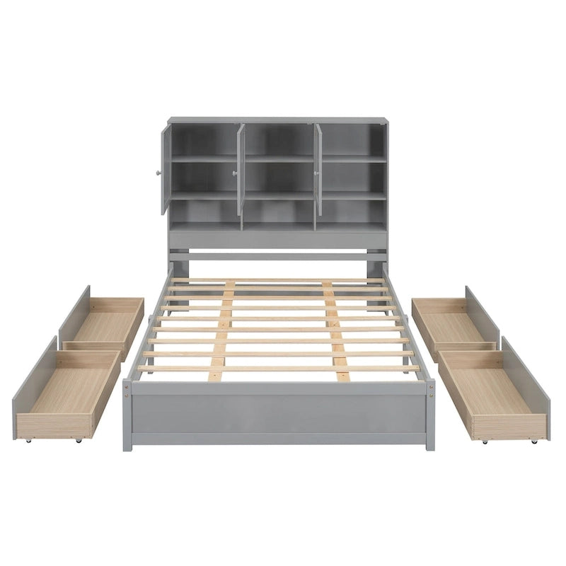 Lit plateforme grand format avec tête de lit de rangement et 4 tiroirs