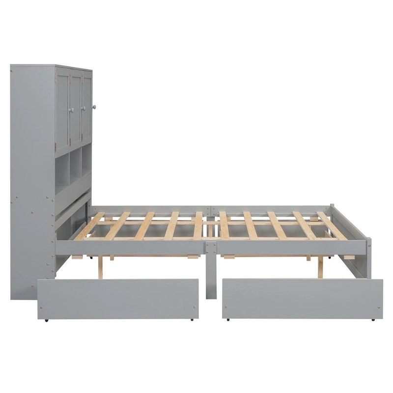 Lit plateforme grand format avec tête de lit de rangement et 4 tiroirs
