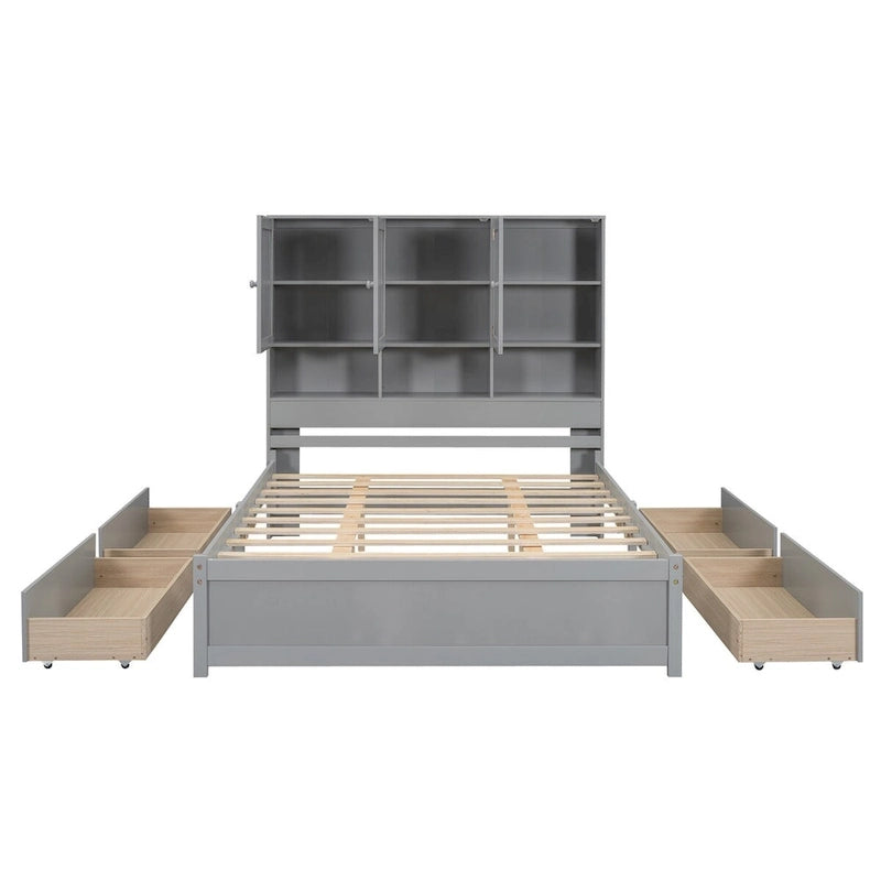 Lit plateforme grand format avec tête de lit de rangement et 4 tiroirs