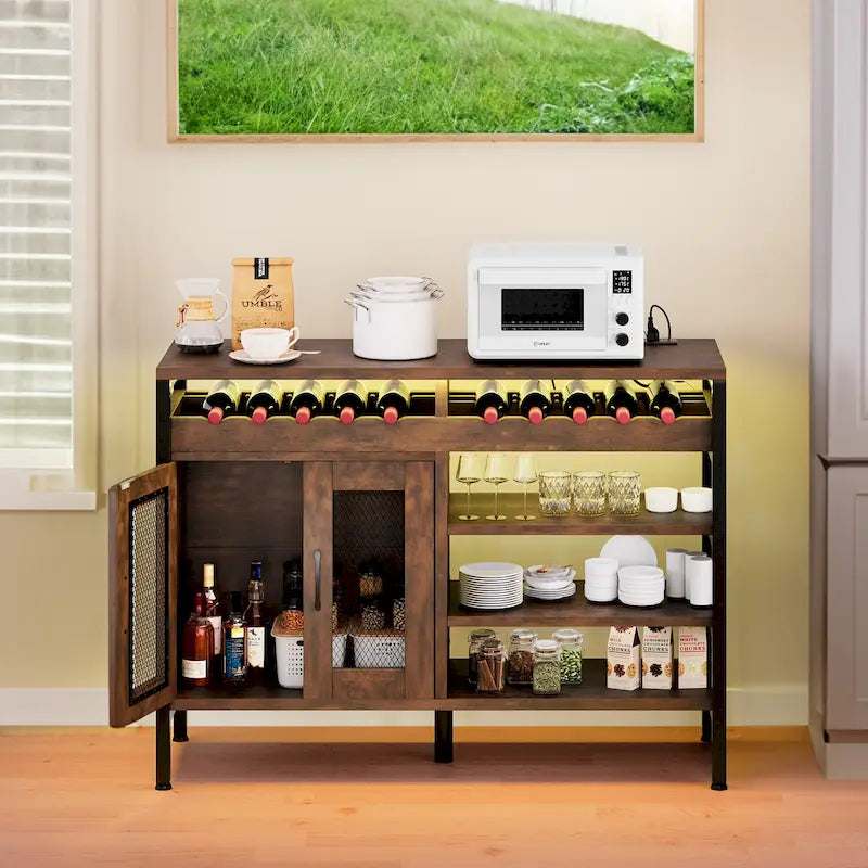 Meuble Bar à Vin de 119 cm avec Prises de Courant et Lumières LED