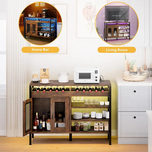 Meuble Bar à Vin de 119 cm avec Prises de Courant et Lumières LED