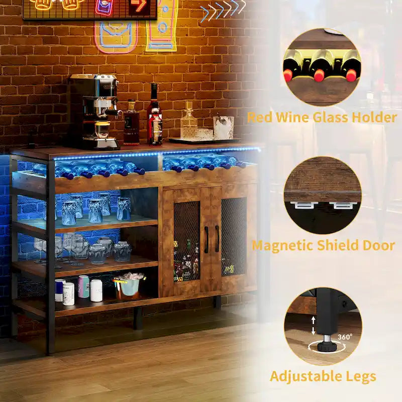 Meuble Bar à Vin de 119 cm avec Prises de Courant et Lumières LED
