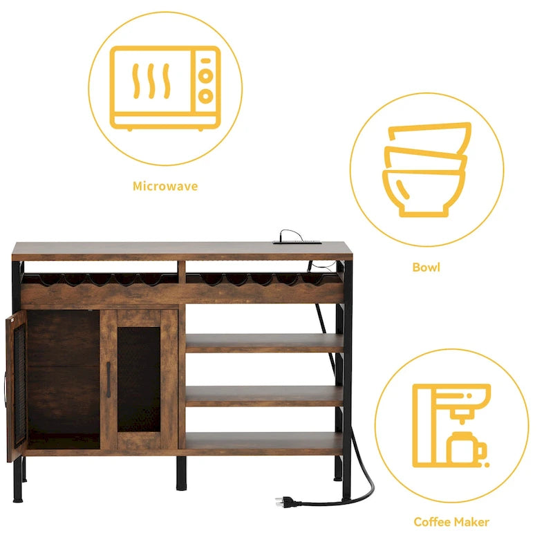 Meuble Bar à Vin de 119 cm avec Prises de Courant et Lumières LED