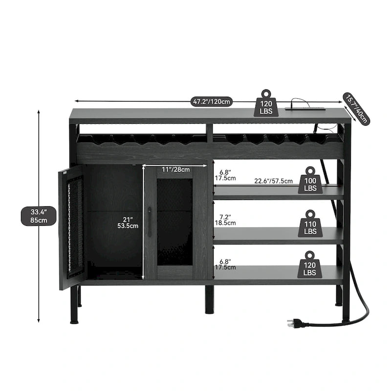 Meuble Bar à Vin de 119 cm avec Prises de Courant et Lumières LED